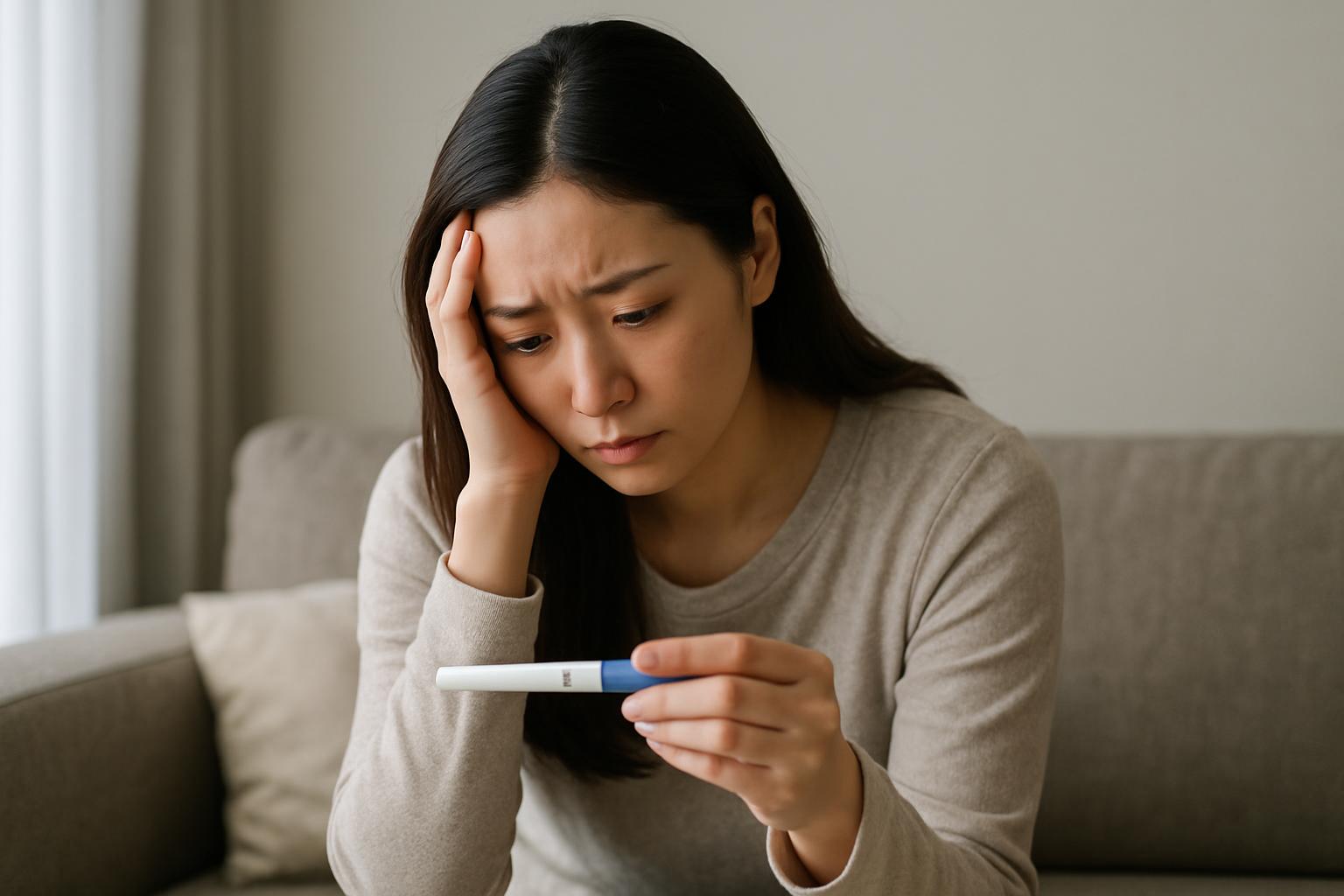 妊娠検査薬を見て落ち込む女性