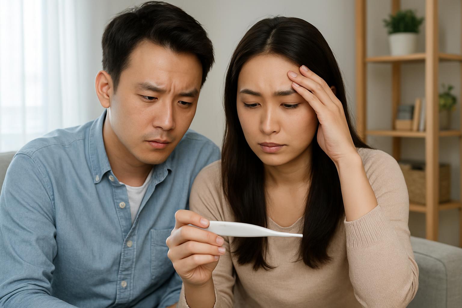 基礎体温を測る体温計を見て悩む不妊治療中のご夫婦